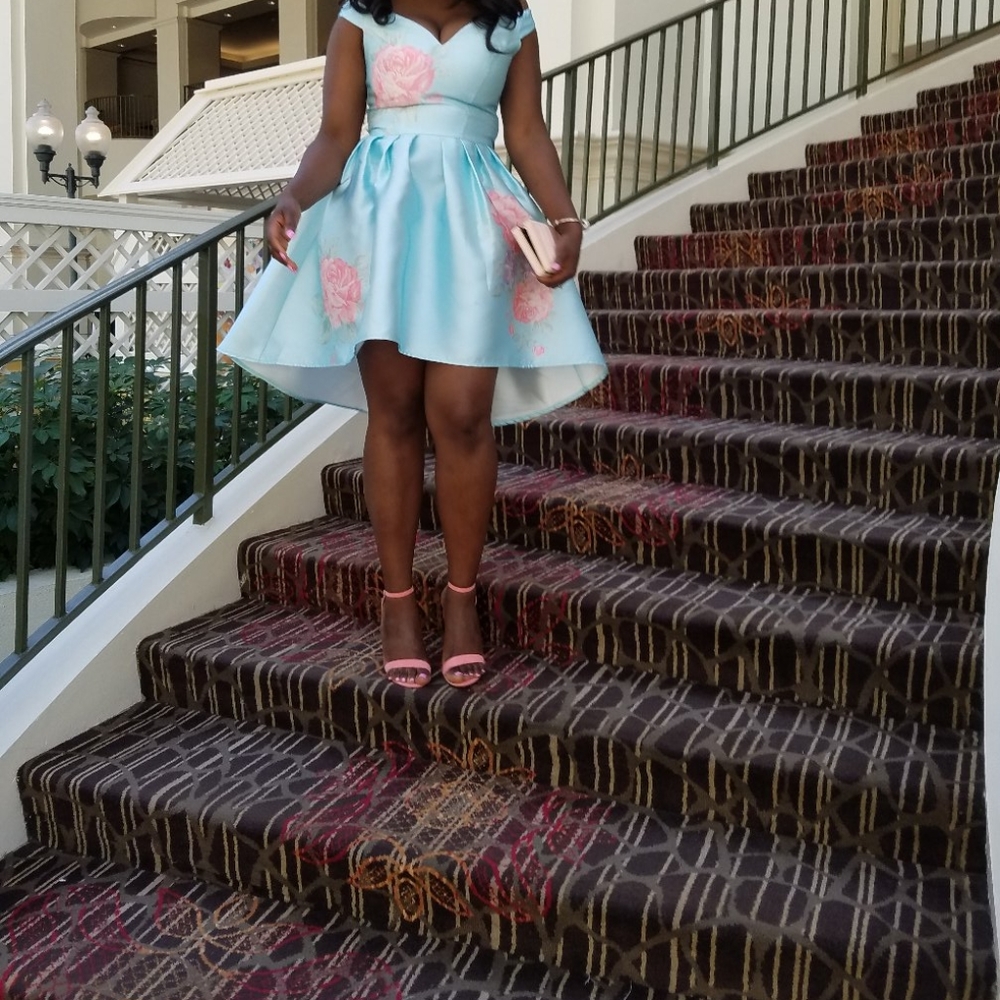 Off shoulder floral sky blue dress